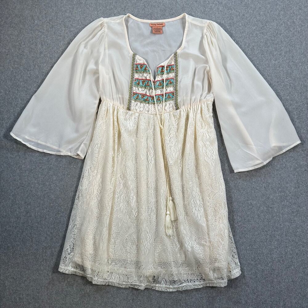 Flying Tomato Mini Dress Sheer Lace Womens Small Boho Tassel Peasant Embroidered